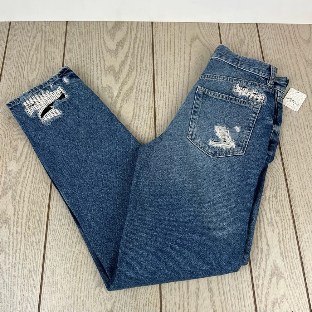 Free People McCoy Destroyed Patch Straight Leg Jeans 26 Tattered Blue $148